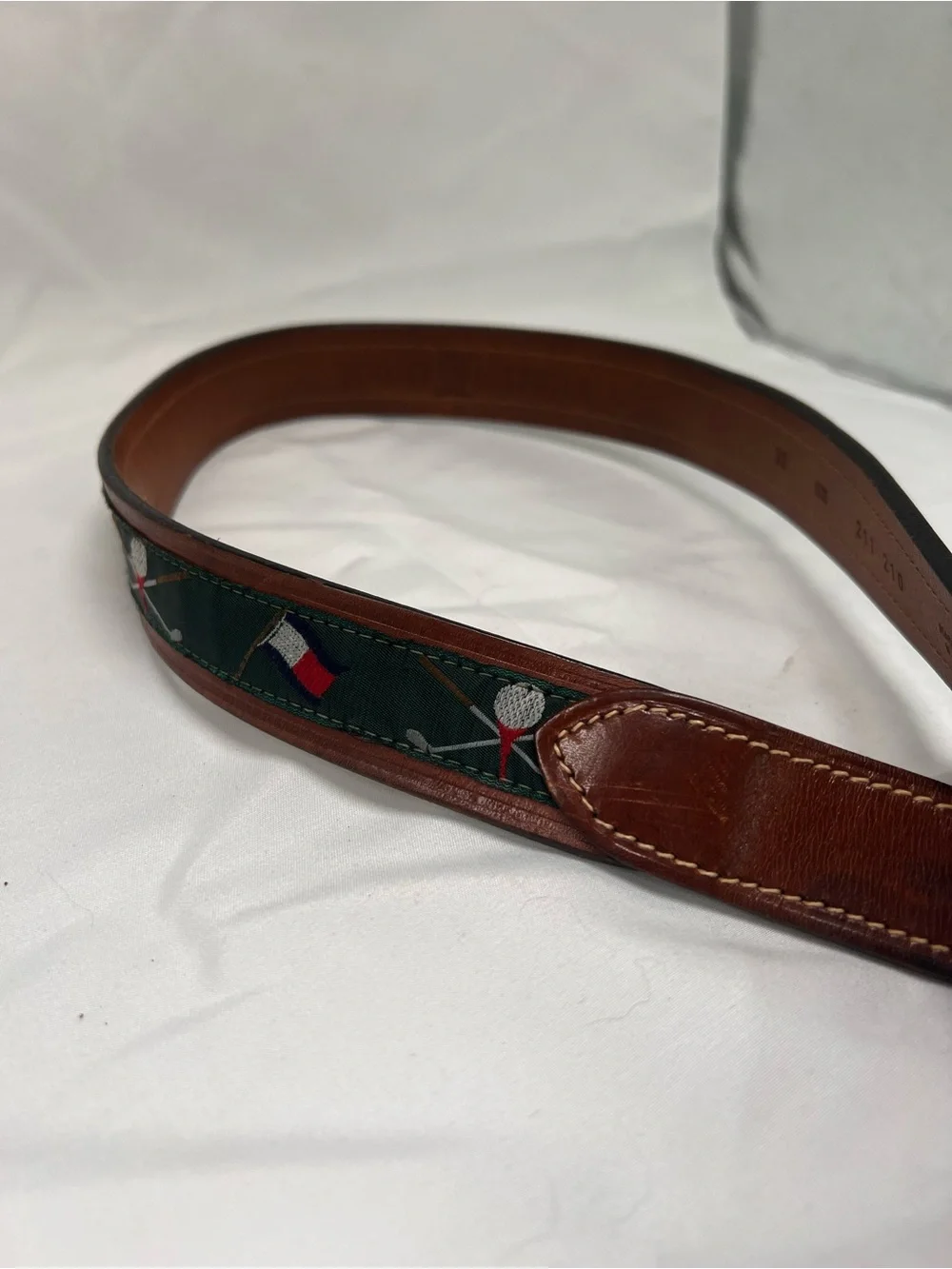 Tommy Hilfiger Brown Leather Belt with Green Embroidered Accent